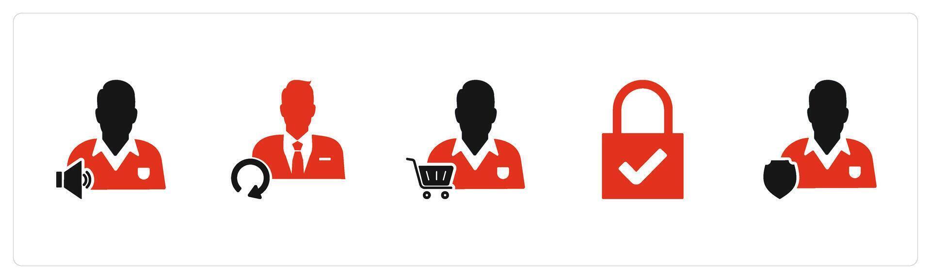 A set of 5 business icons as listening music, update user, store owner vector