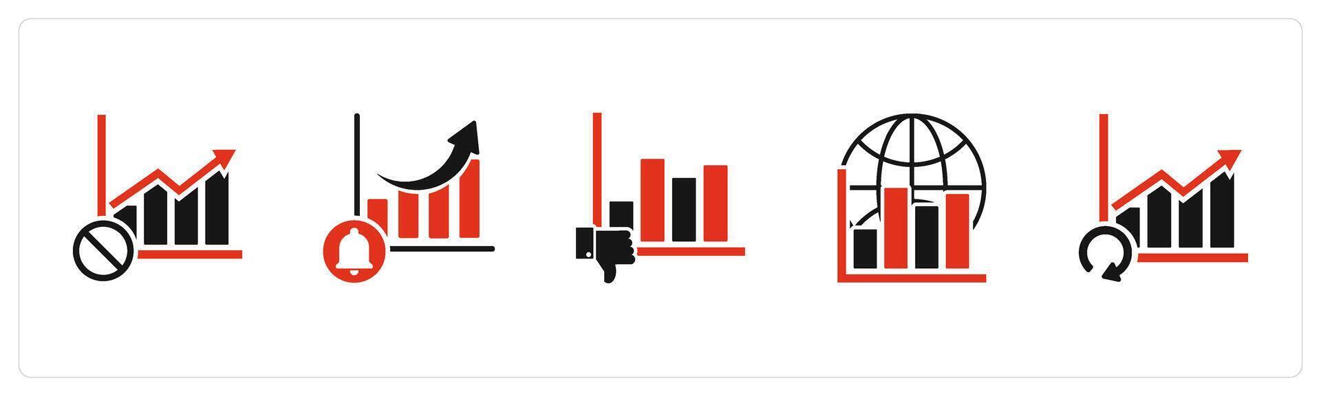 A set of 5 business icons as graph prohibited, graph notification, dislike graph vector