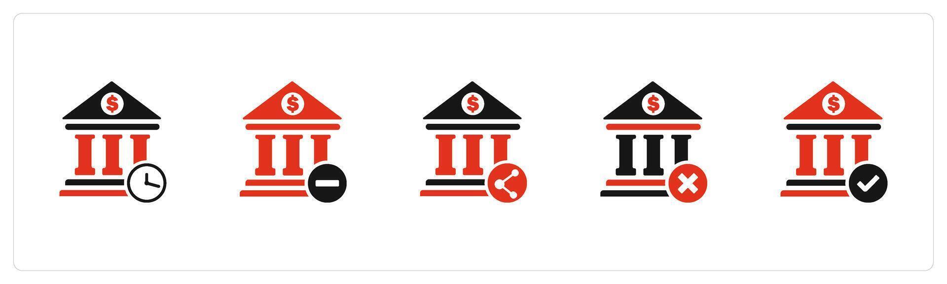 A set of 5 business icons as bank time, remove bank, bank share vector
