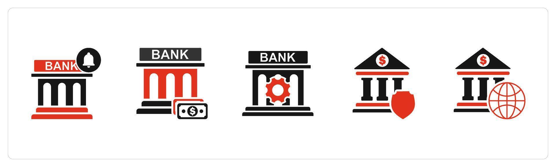 A set of 5 business icons as bank notification, financial institution, bank renovate vector