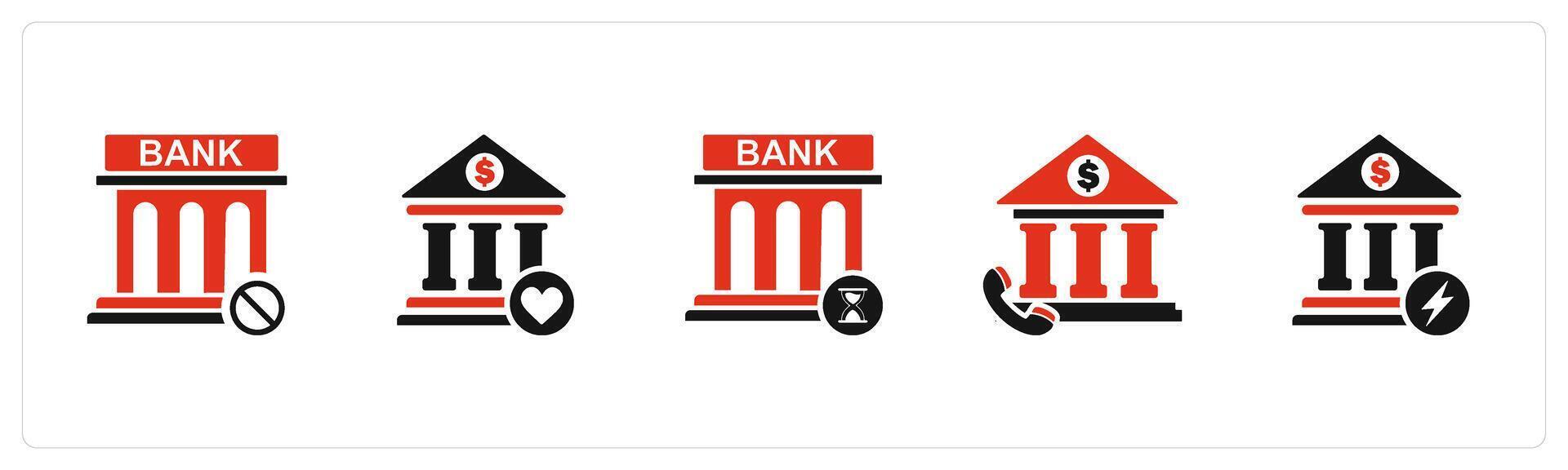 A set of 5 business icons as bank prohibited, favorite bank, bank time vector