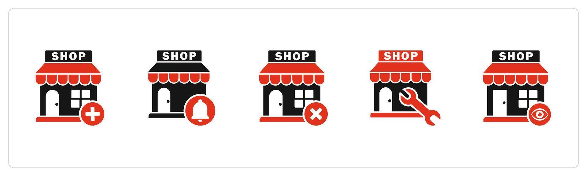 A set of 5 business icons as add store, store notification, remove store vector