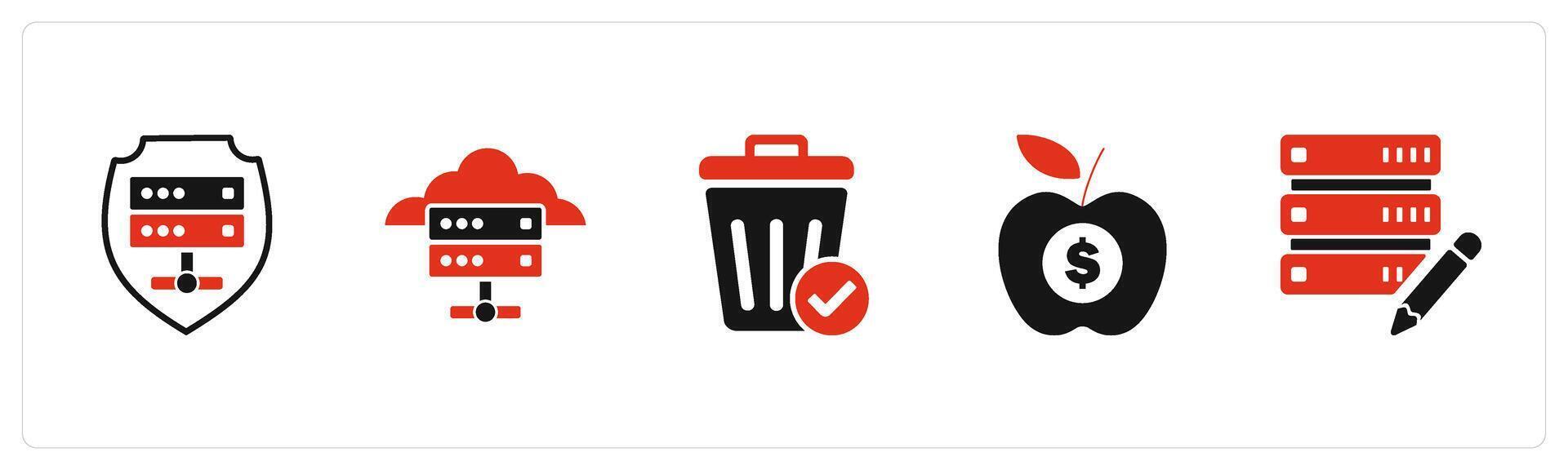 A set of 5 business icons as server security, cloud server, trash bin vector