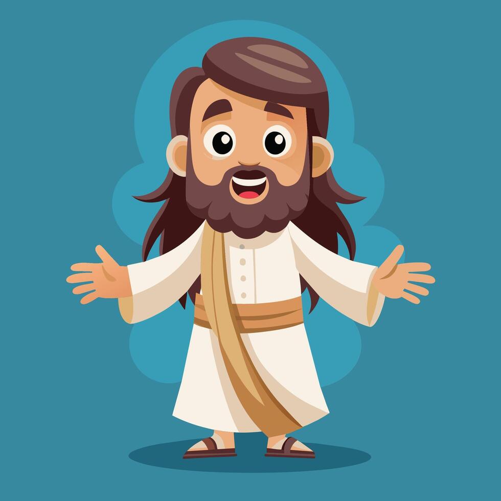 A cheerful character dressed in a white robe and sandals stands with open arms against a blue background, inviting a joyful interaction vector