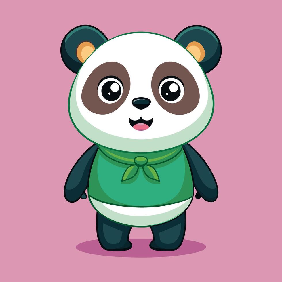 Cute cartoon panda character wearing a green outfit stands cheerfully against a pink background with big eyes and a friendly expression vector
