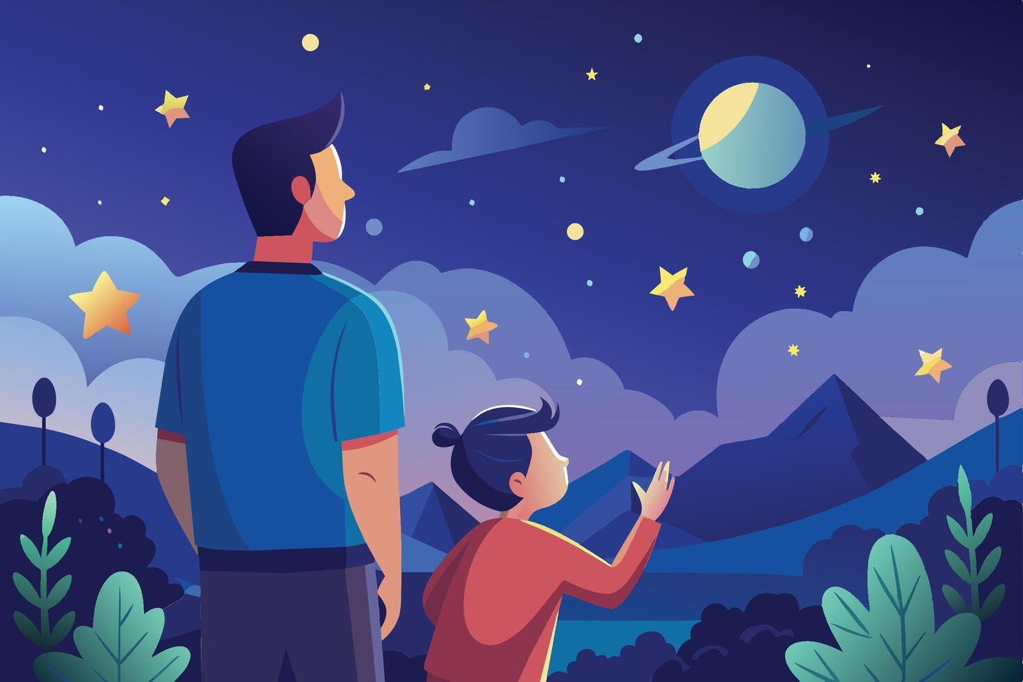 A father and child admire the night sky filled with stars and planets in a serene landscape under a clear horizon vector