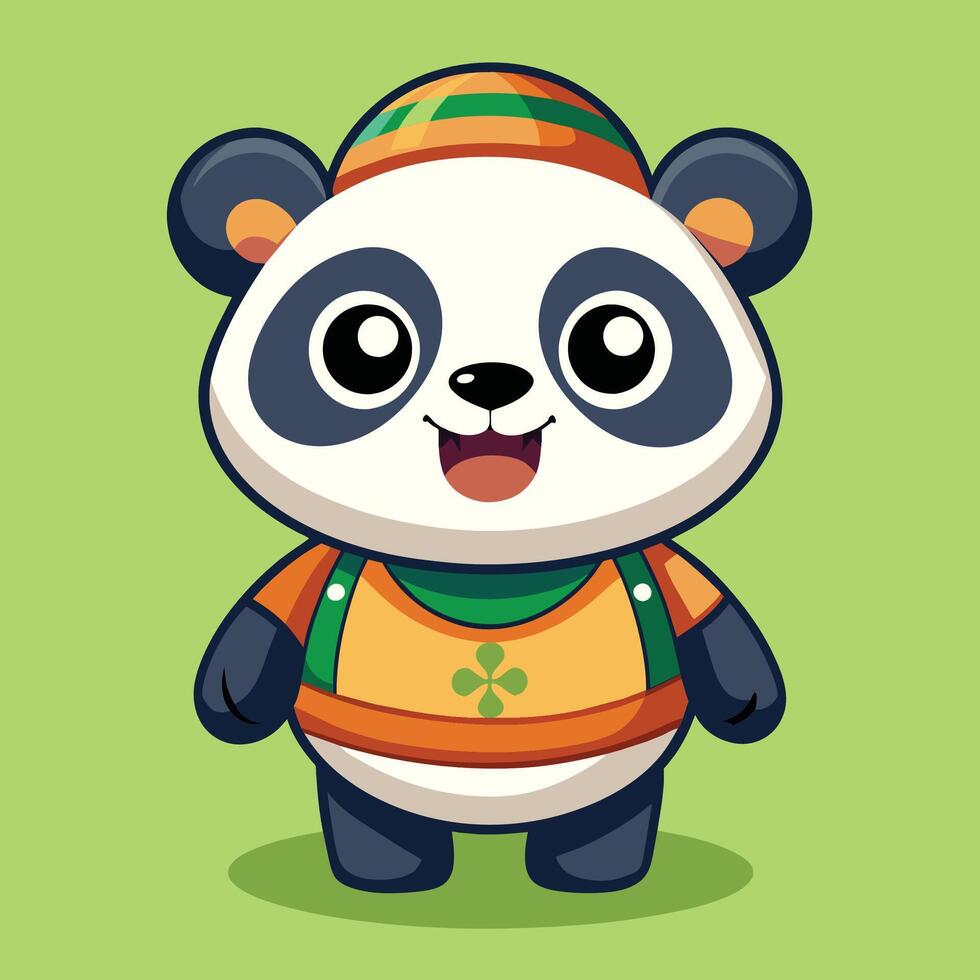 Cute cartoon panda character wearing a colorful hat and outfit against a bright green background, exuding a joyful demeanor vector
