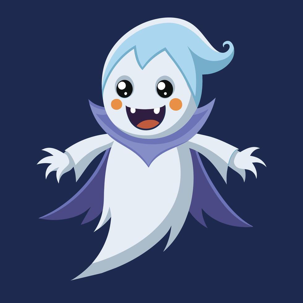 Cheerful cartoon ghost with a blue hairstyle and purple cape floating against a dark background during a festive Halloween celebration vector