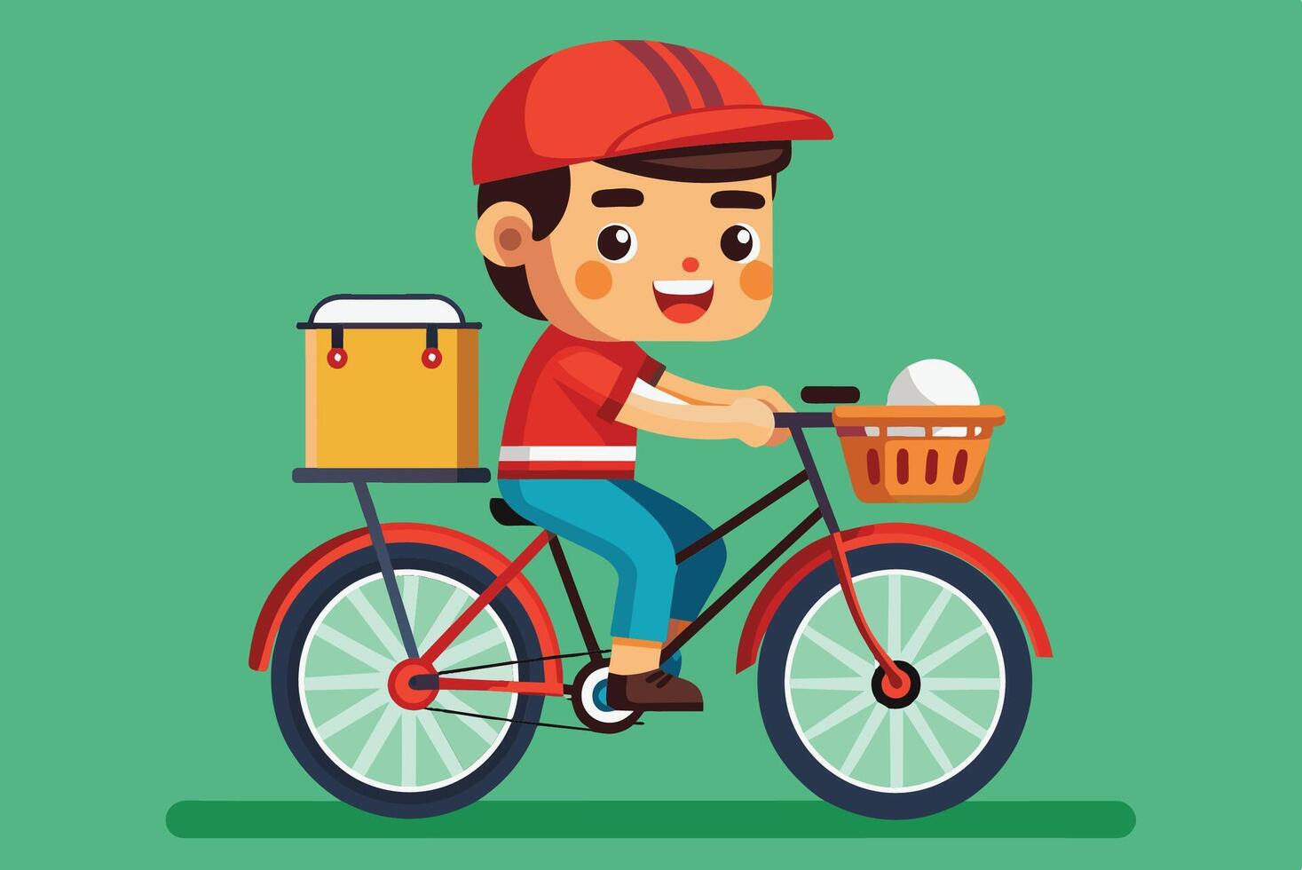 A cheerful young boy rides his bicycle with a basket, delivering ice cream on a sunny day in a vibrant, colorful park setting vector