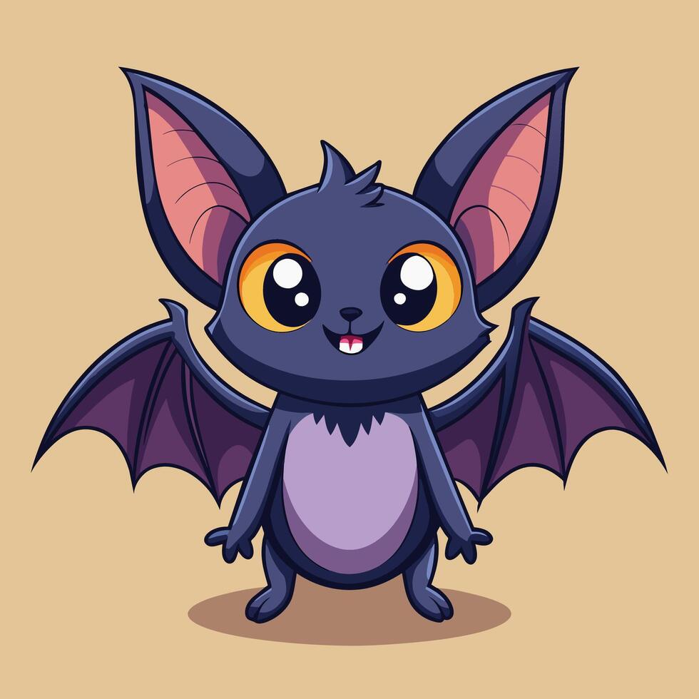 Cute cartoon bat with large ears and bright eyes, standing on a plain background ready for an adventure during twilight vector