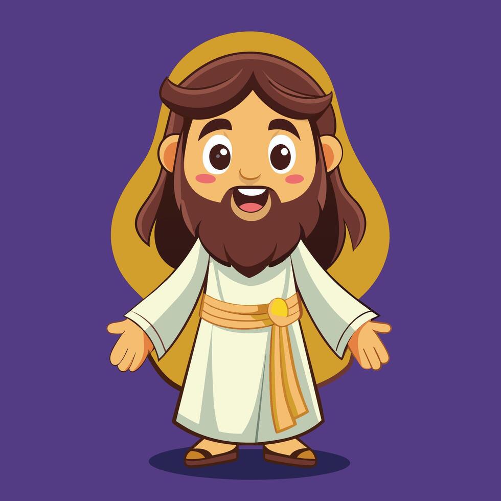 Cute cartoon character of a smiling figure wearing a white robe with a swinging arms gesture and a golden halo, on a vibrant purple background vector