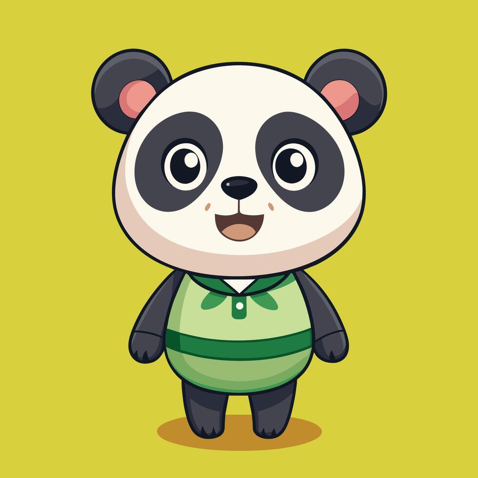 Cute cartoon panda character in a green shirt standing against a bright yellow background, showcasing a joyful expression and playful demeanor vector