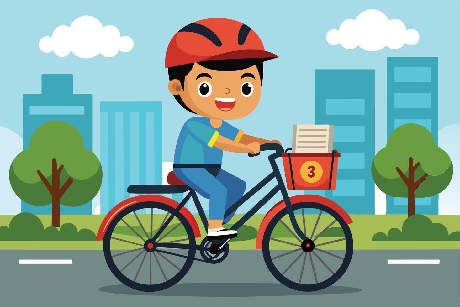 A cheerful young boy rides a bicycle through a city park delivering papers to people in the afternoon sunshine vector