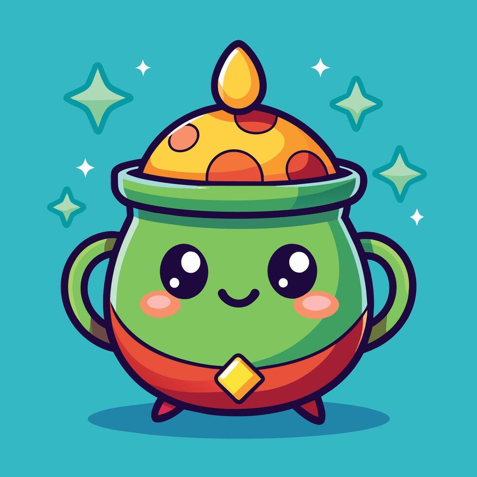 Cheerful cartoon cooking pot with a colorful lid and sparkling accents against a bright blue background vector