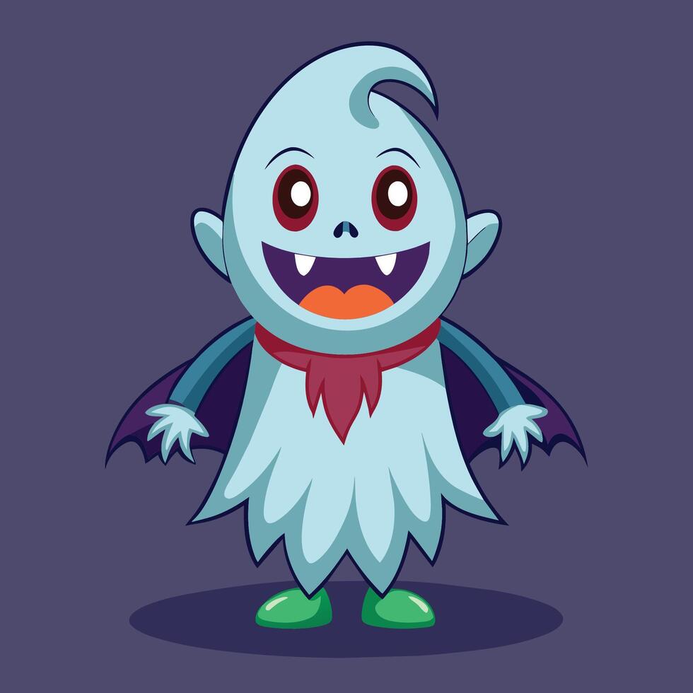 A cheerful cartoon ghost character with bright eyes and a playful smile, dressed in a black cape and standing against a dark background vector
