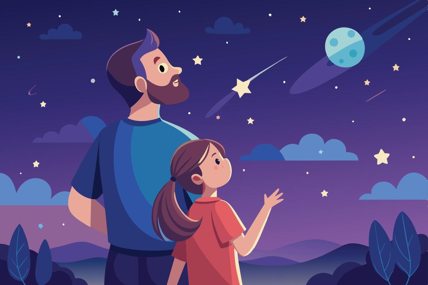 A father and daughter stargazing together under a starry night sky while observing shooting stars and planets vector