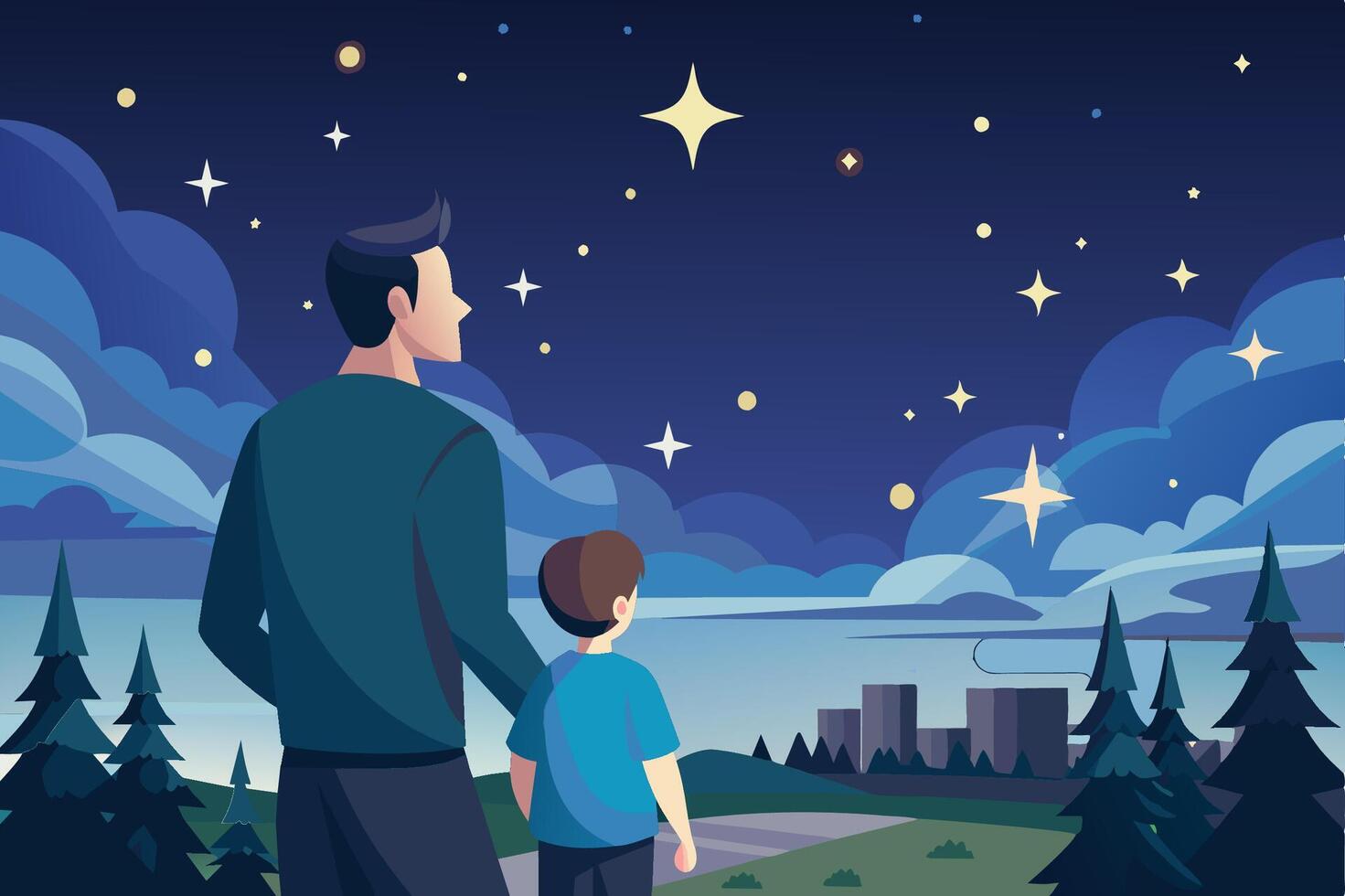 A father and son gaze at a starlit sky over a quiet landscape, enjoying a peaceful evening together in nature vector