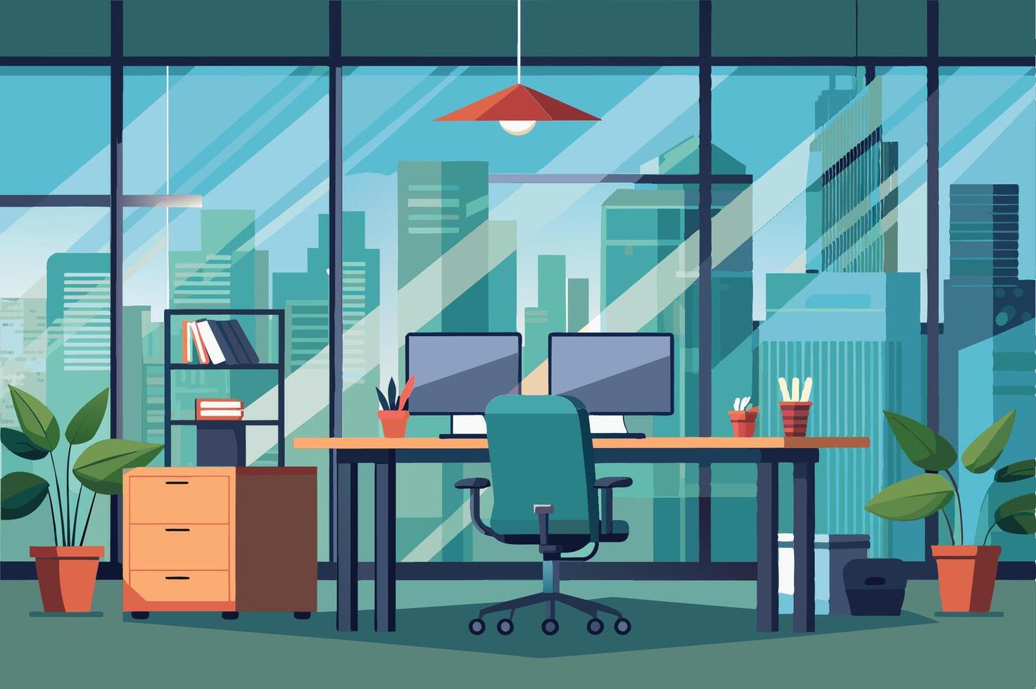 A modern office workspace overlooking a city skyline, featuring two computers on a desk, plants, and a sleek design vector