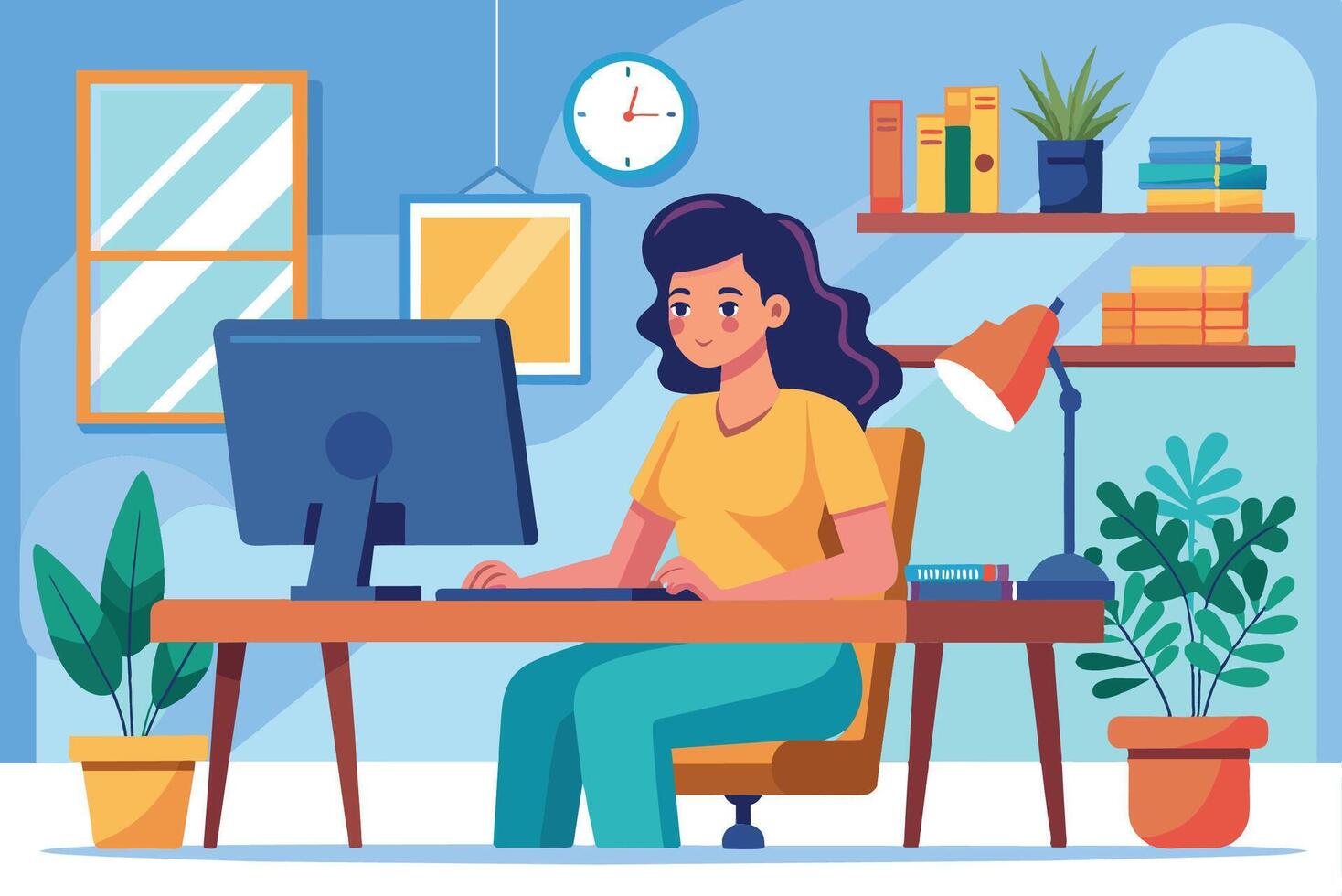 A woman works at her desk in a cozy home office filled with plants and books during the daytime vector