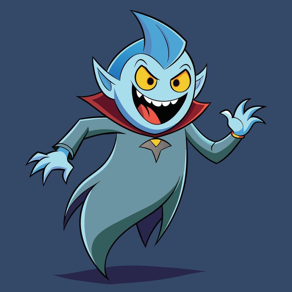 A mischievous blue-skinned character with sharp teeth and a flowing cape joyfully poses against a dark background vector