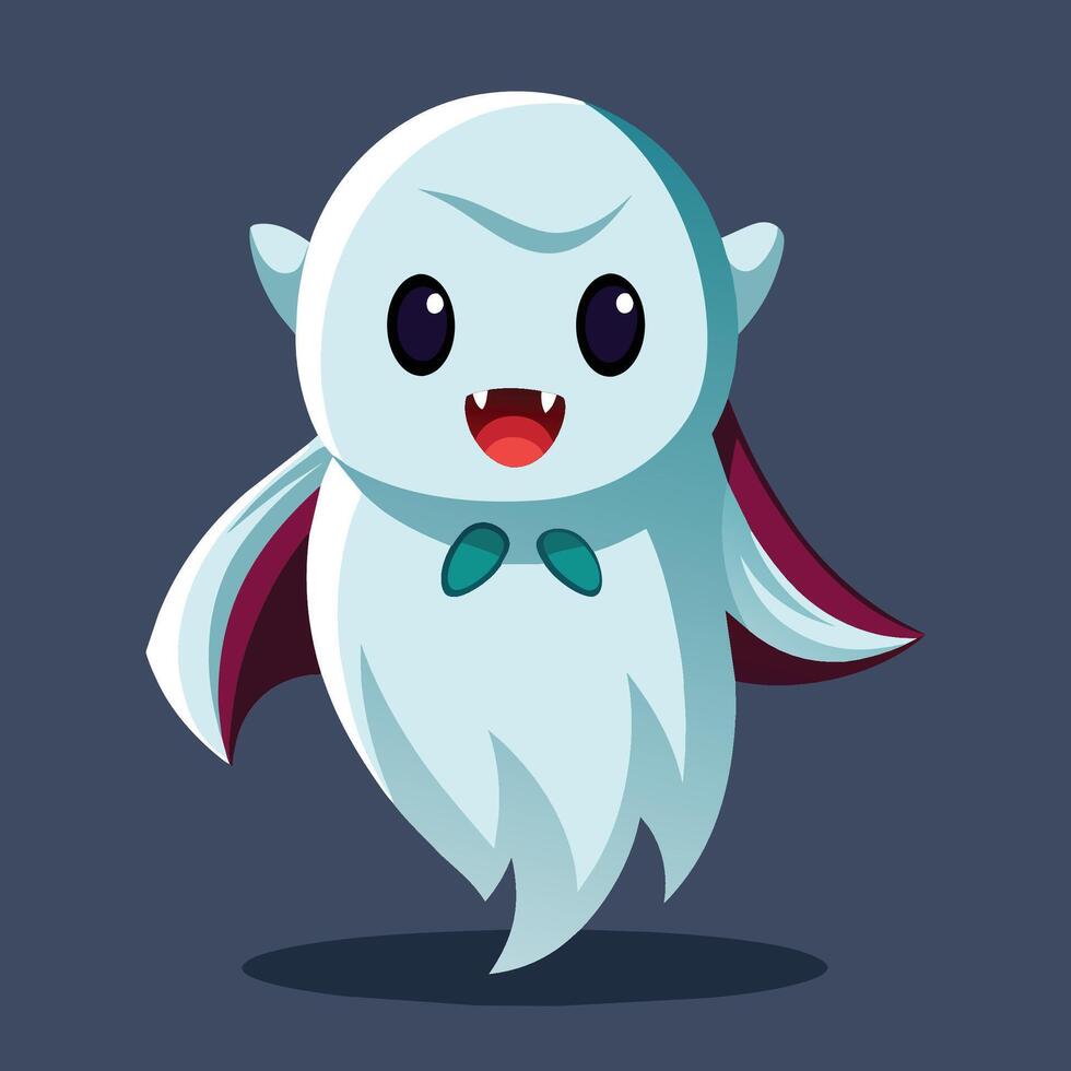 Cute cartoon ghost character with a smiling expression and flowing cape on a dark background, perfect for Halloween-themed artwork vector