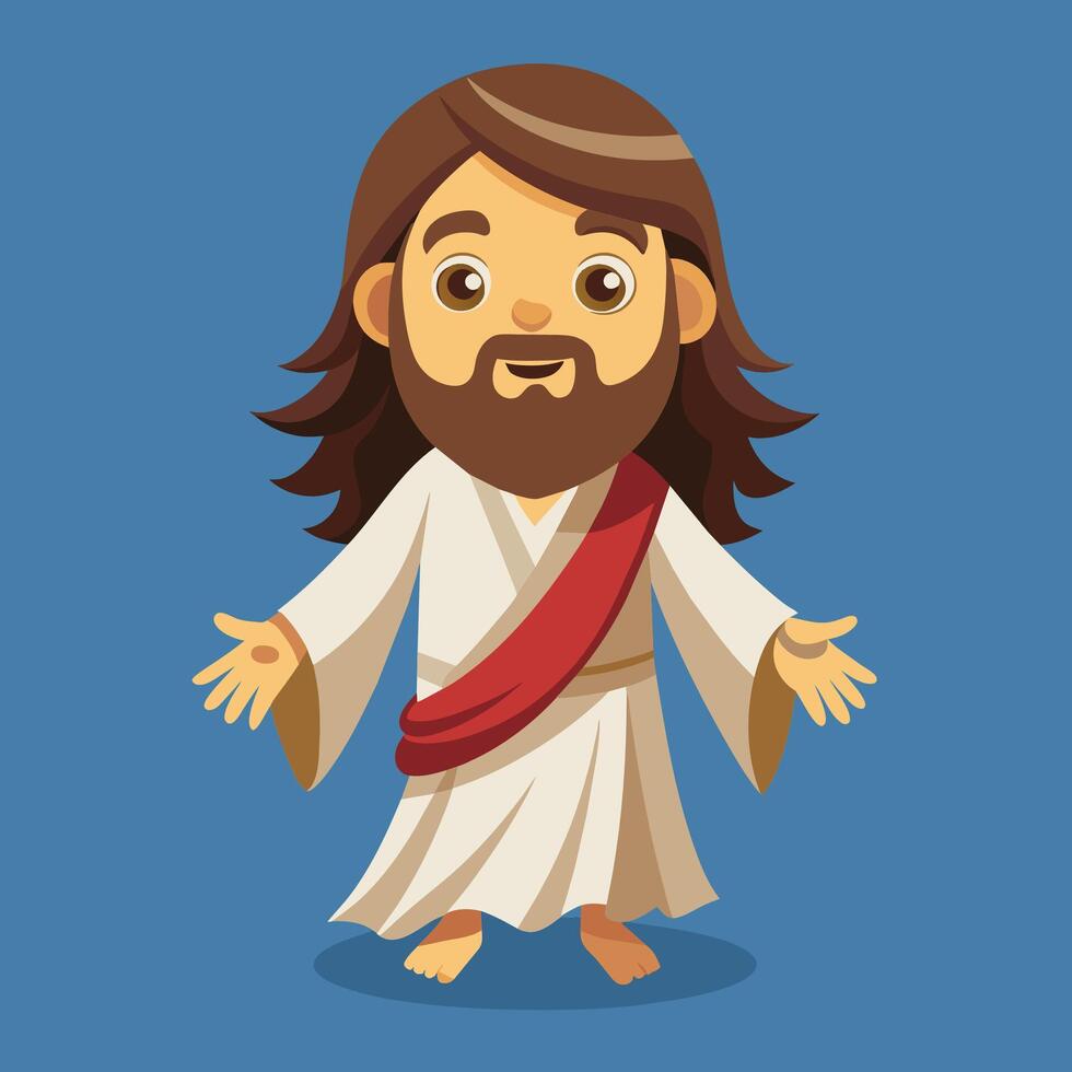 A cheerful cartoon depiction of a bearded man in flowing robes with outstretched arms on a bright blue background, symbolizing warmth and welcome vector