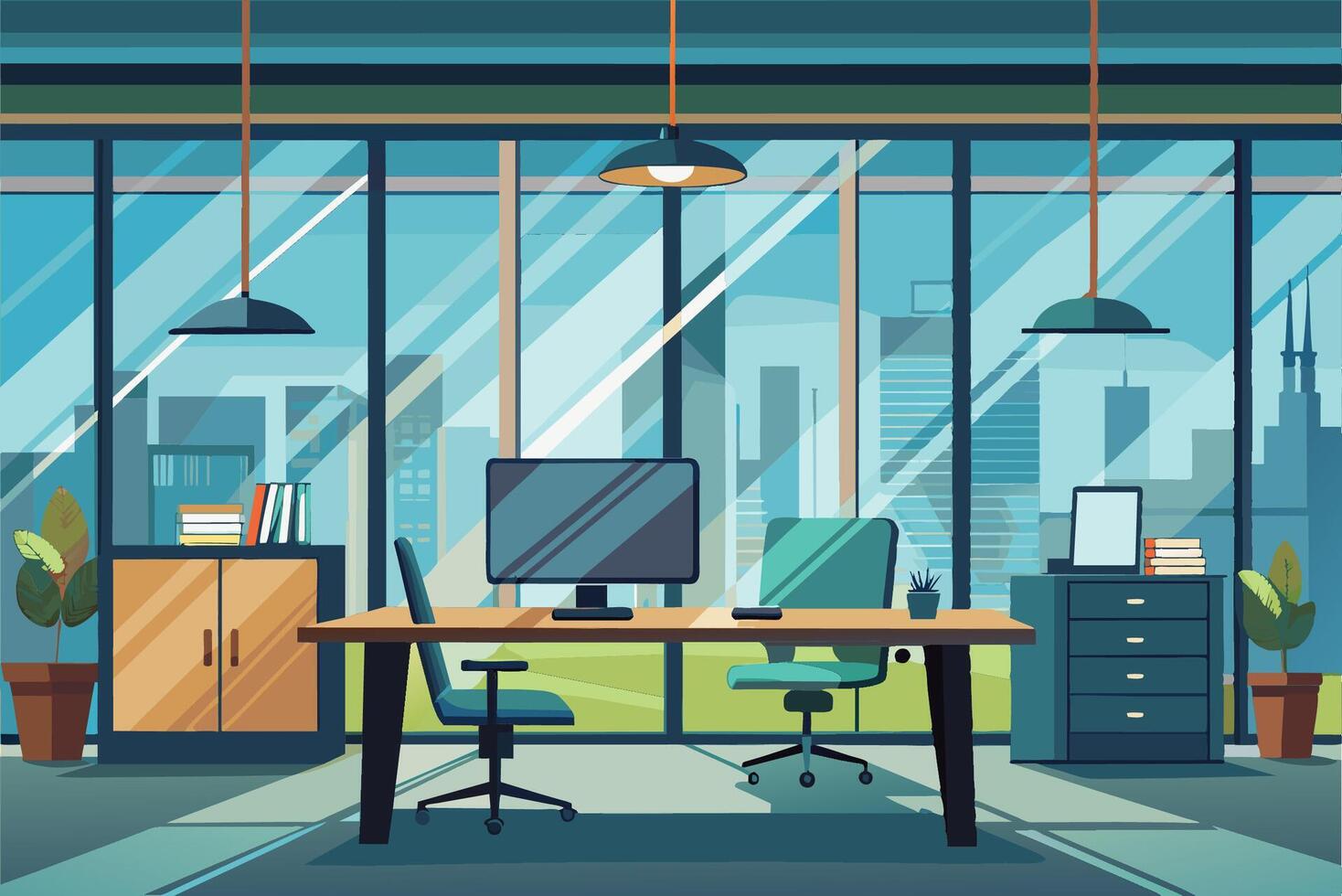 Modern office workspace with large windows, plants, and a computer setup, located in a city skyline environment during daytime vector