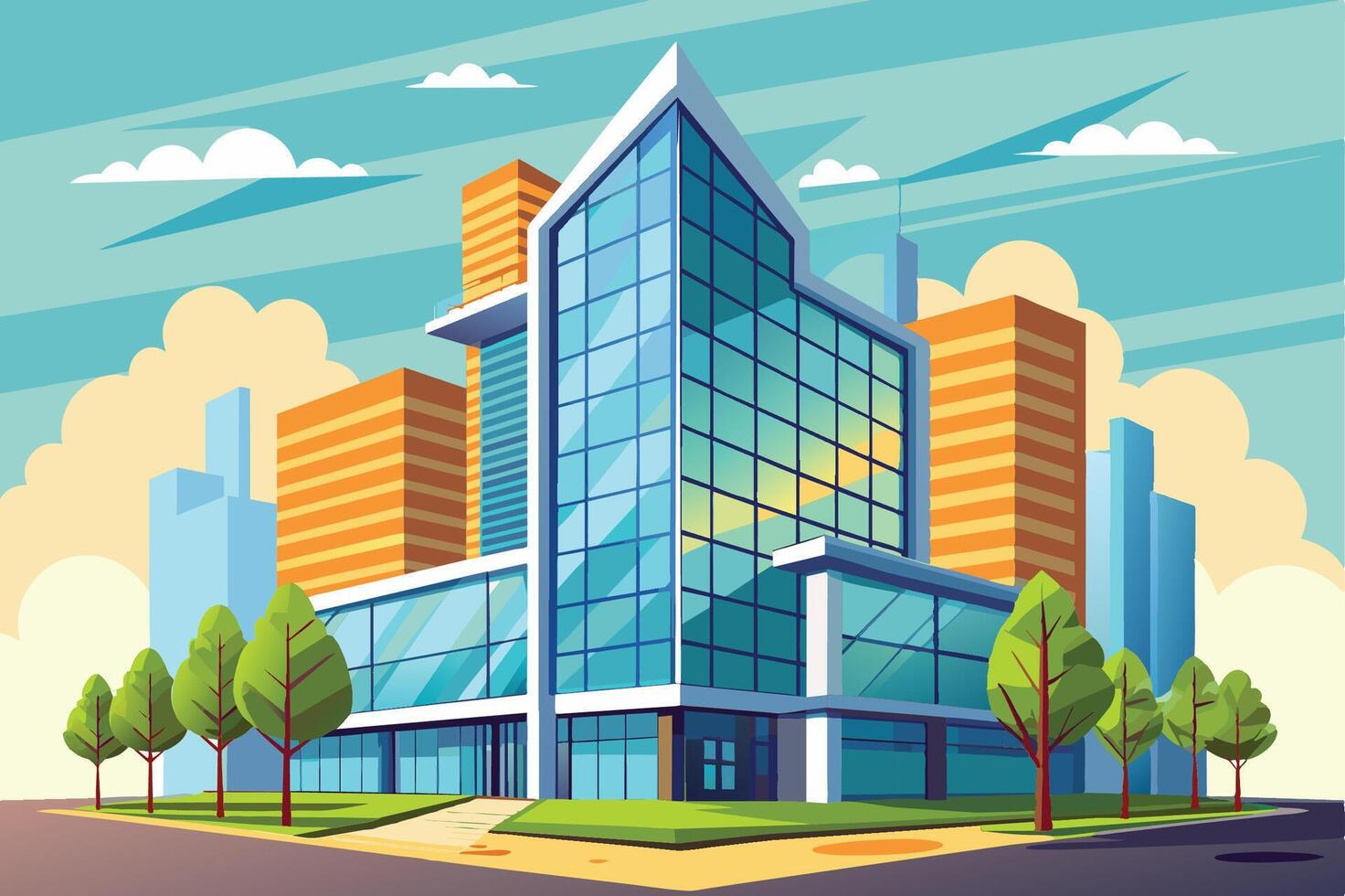 Modern architectural design featuring a glass building surrounded by urban skyscrapers and greenery in a sunny daytime setting vector