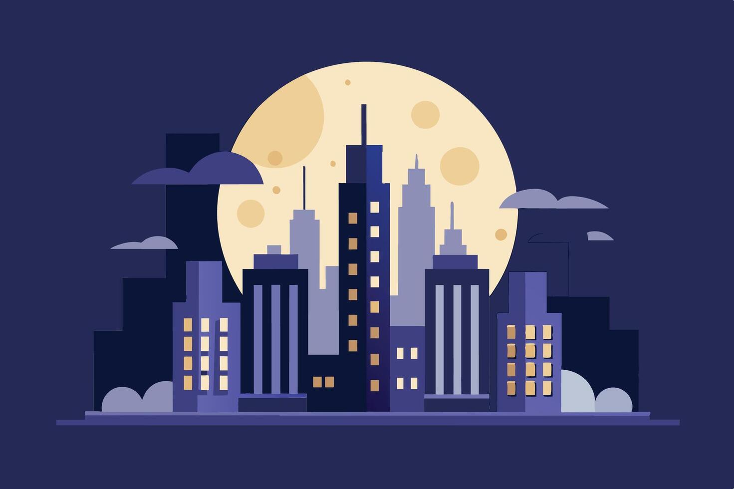 Stylized skyline illustration at night with a large moon illuminating tall buildings and clouds in a whimsical urban landscape vector