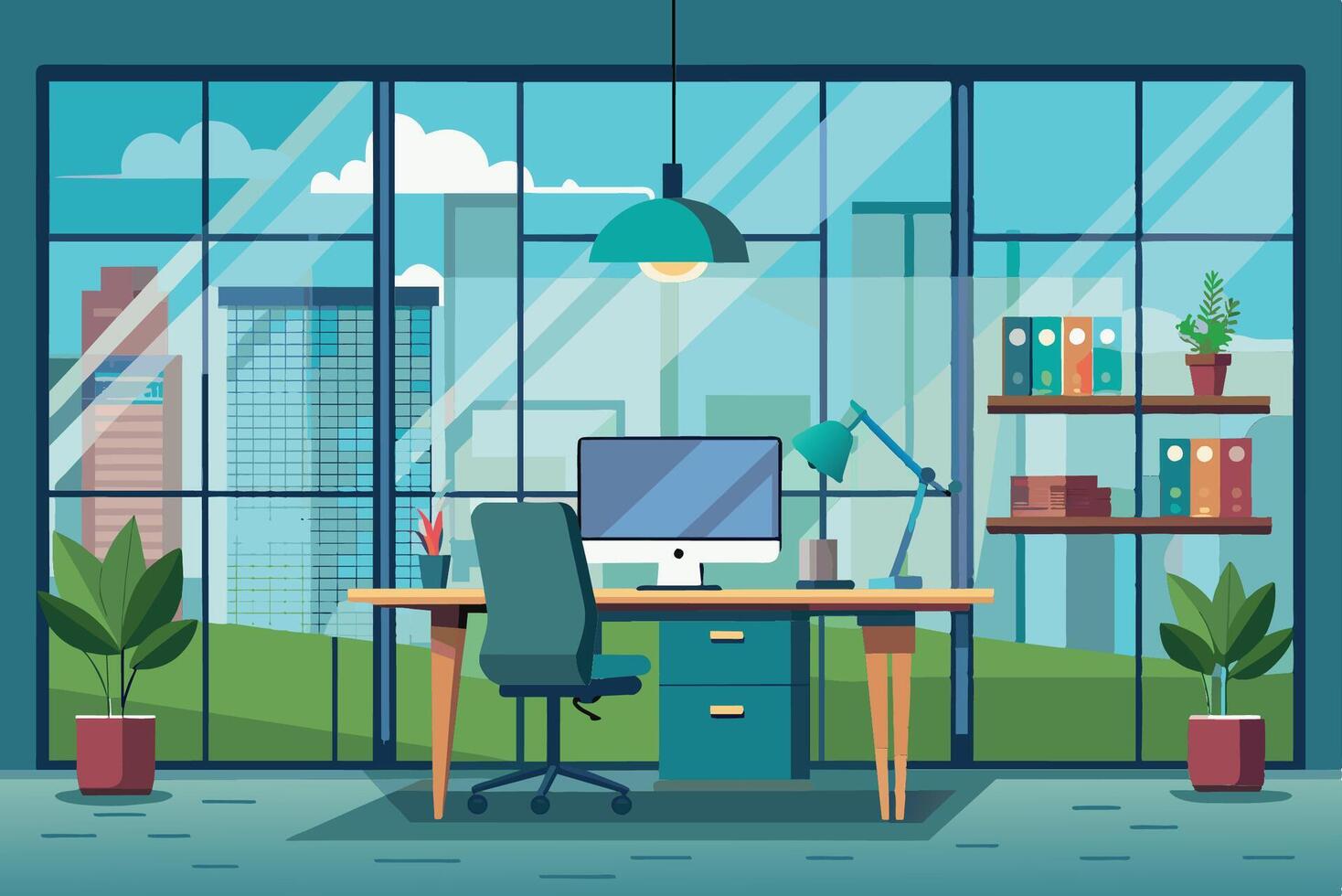Modern office setup with desk, computer, and urban skyline view during a bright day vector