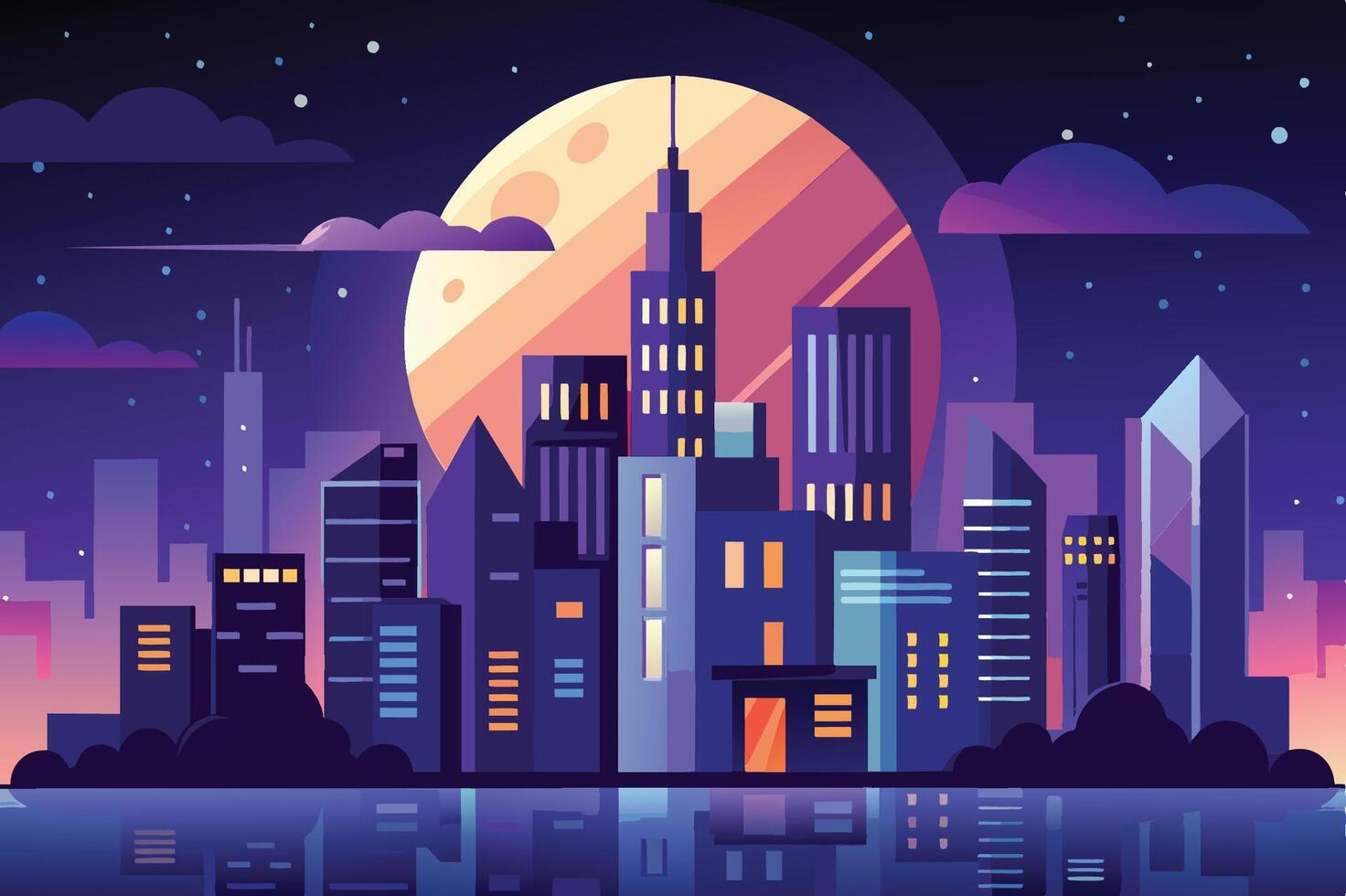 A vibrant city skyline illuminated by moonlight, showcasing modern architecture against a nighttime backdrop in colorful hues vector