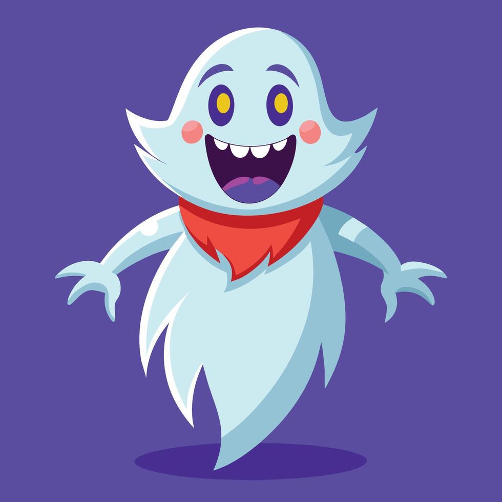 Cute cartoon ghost character with a friendly smile and red scarf on a vibrant purple background vector