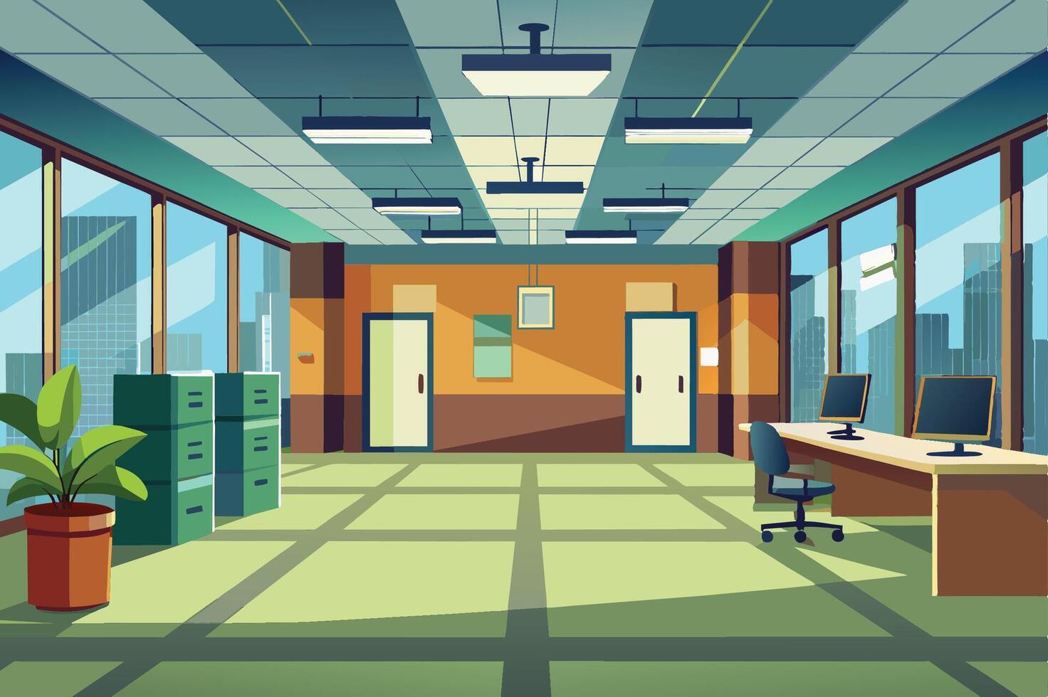 Modern office interior design featuring large windows, green flooring, and minimalist furniture in an urban setting during daylight hours vector