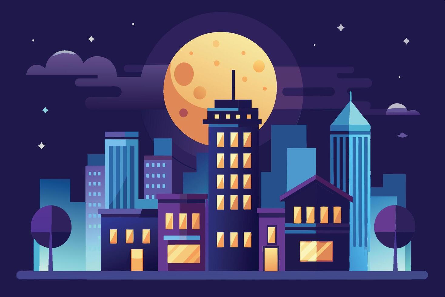 Nighttime city skyline with bright moon casting light on modern buildings and trees in a vibrant urban setting vector