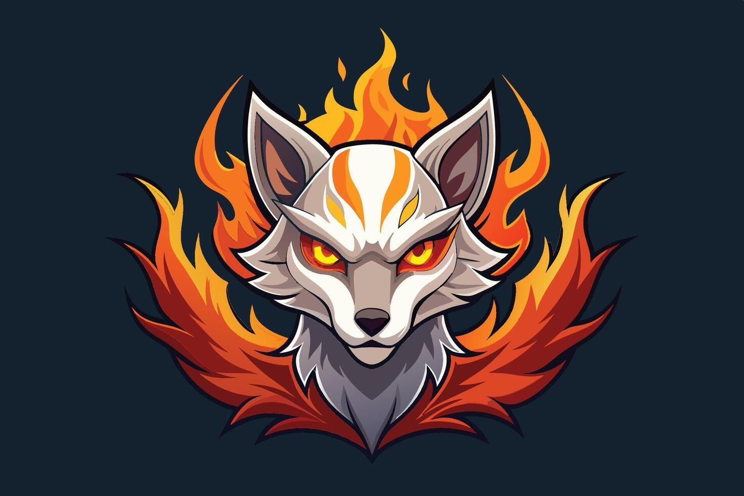 Stylized fox illustration with fiery elements on dark background showcasing vibrant colors and dynamic design vector