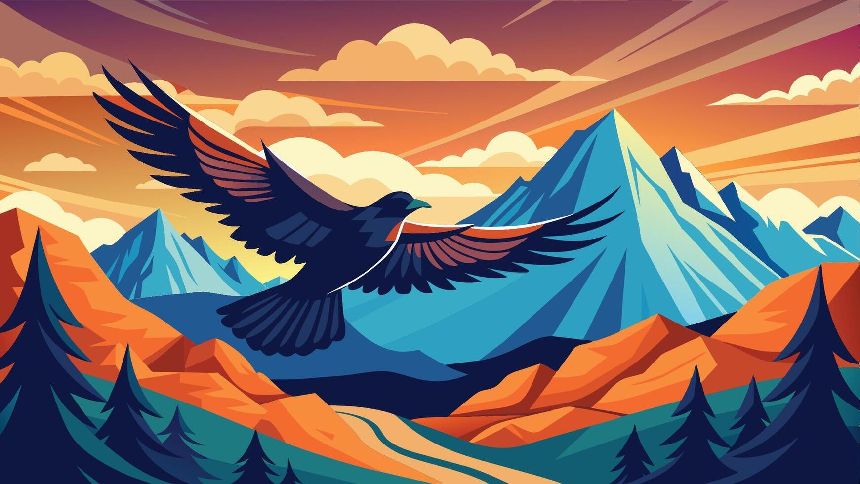 A majestic bird soaring over colorful mountains during sunset with vibrant clouds and pine trees in the foreground vector