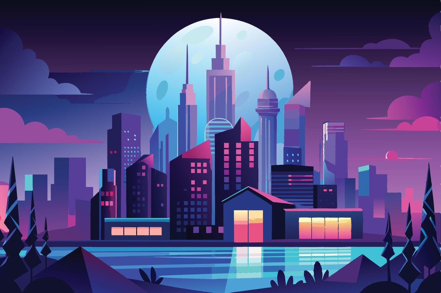 A vibrant city skyline at night with colorful buildings reflecting on water under a full moon vector