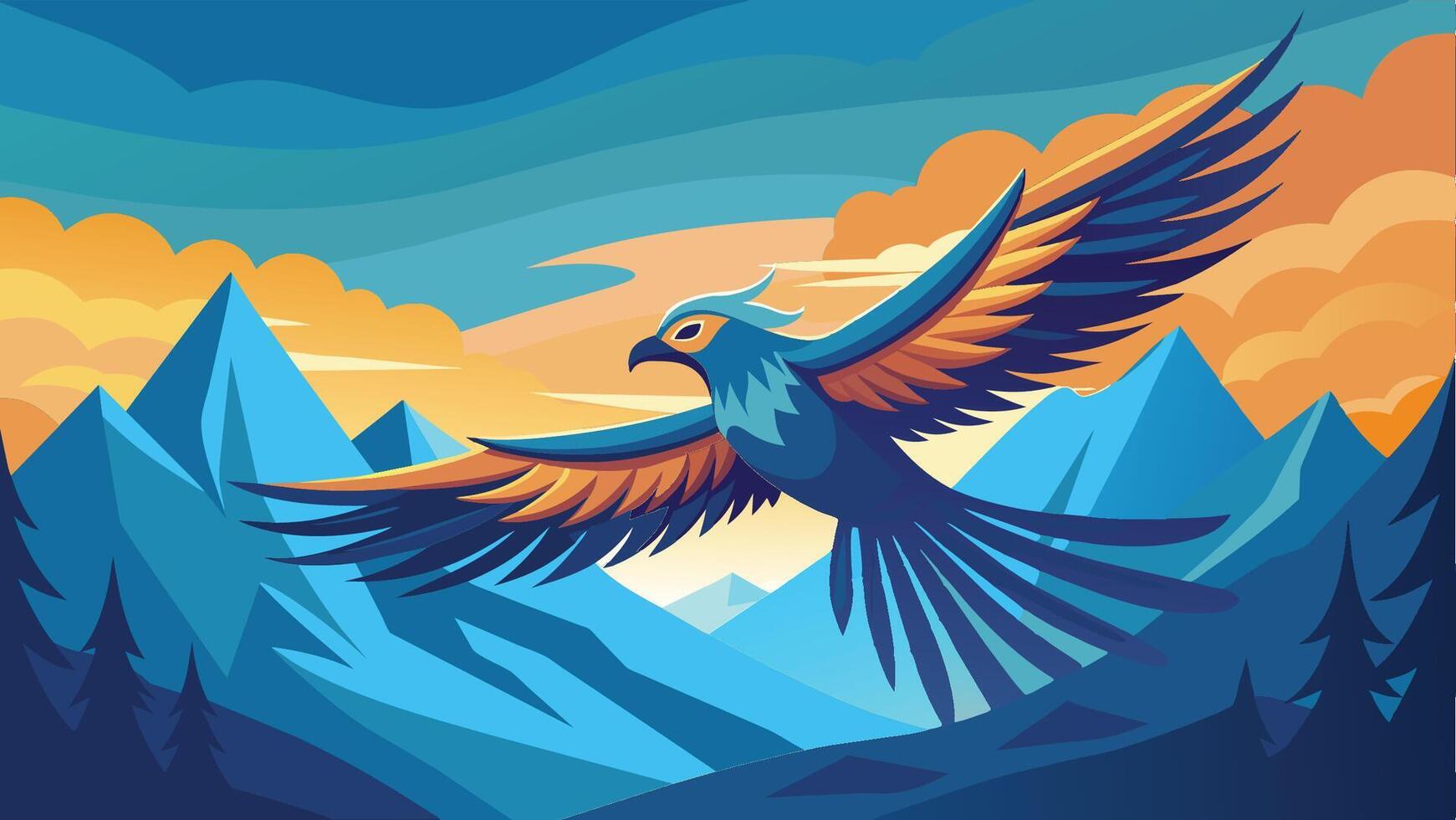 A majestic bird soars above mountains during a vibrant sunset, capturing the beauty of nature and wildlife in a serene landscape vector