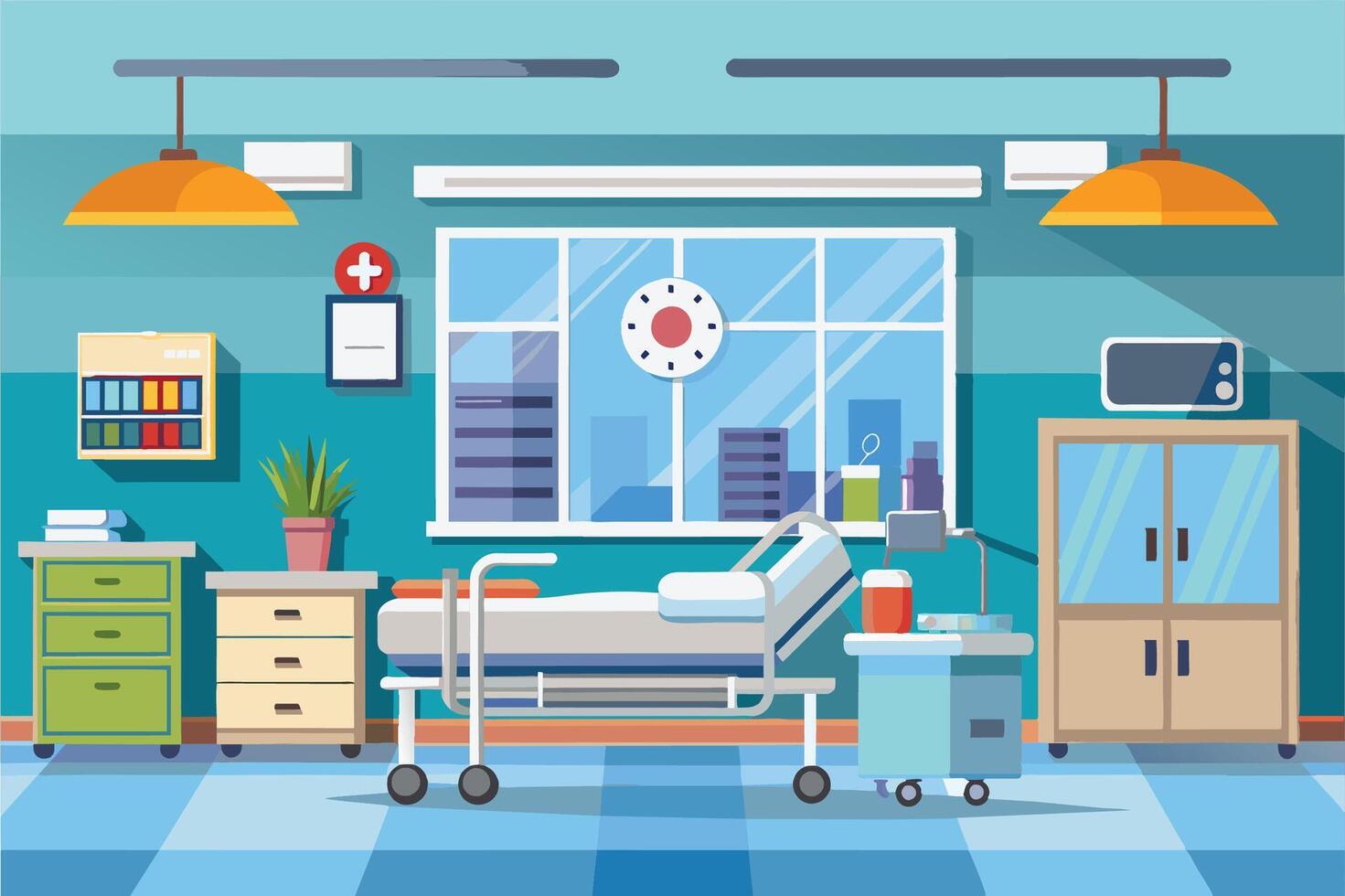 Hospital room interior designed for patient comfort featuring a bed, medical equipment, and large window with an urban view during the day vector