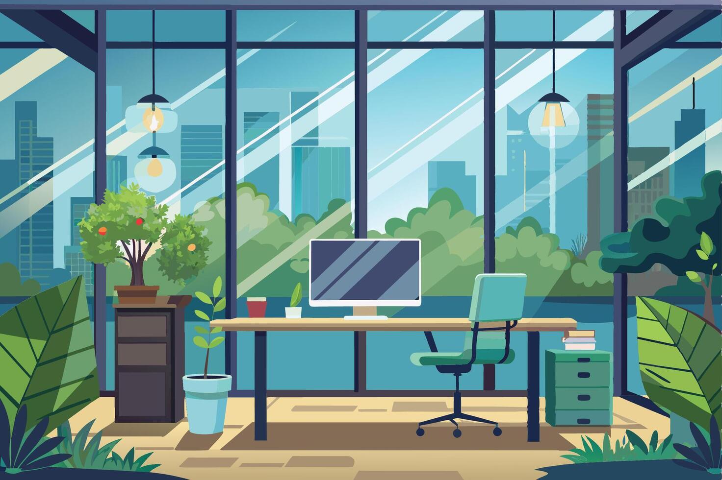 Modern home office with large windows overlooking a cityscape and lush greenery during daytime vector