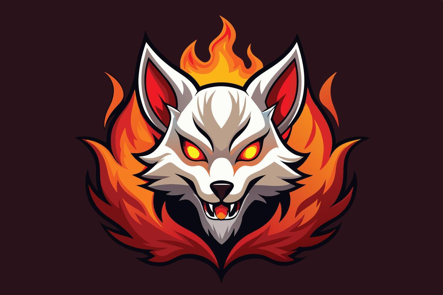 Stylized fox head emblem with fiery details, featuring intense colors and sharp features, ideal for branding and digital art projects vector
