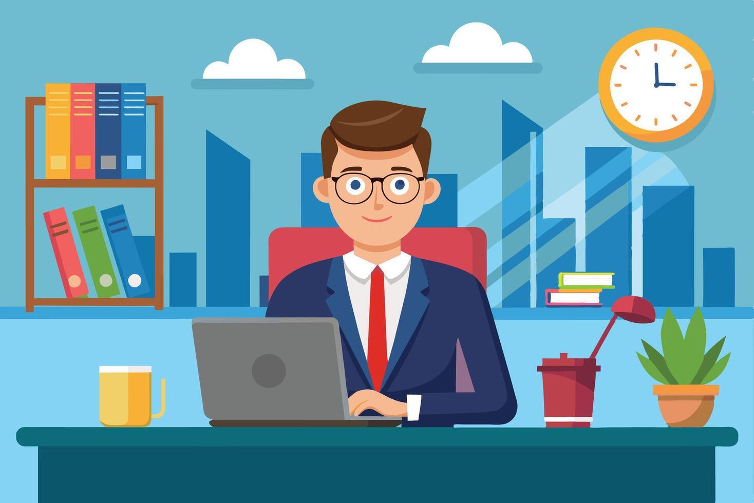 Professional man working at a desk with a laptop in a modern office against a city skyline during the daytime vector