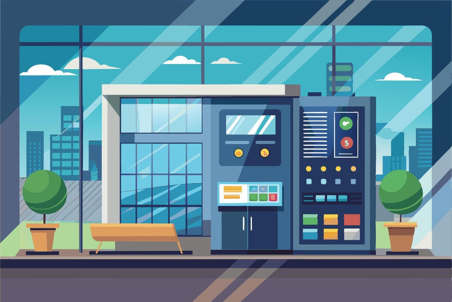 Modern vending machine alongside a large glass entrance in a cityscape during the day vector
