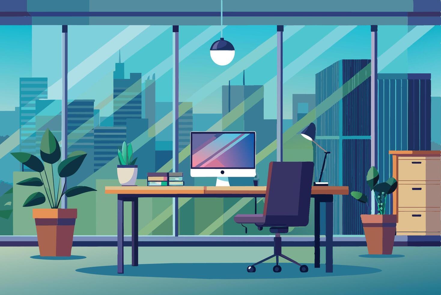 Modern office workspace featuring a computer and plants with a city skyline view during daylight hours vector