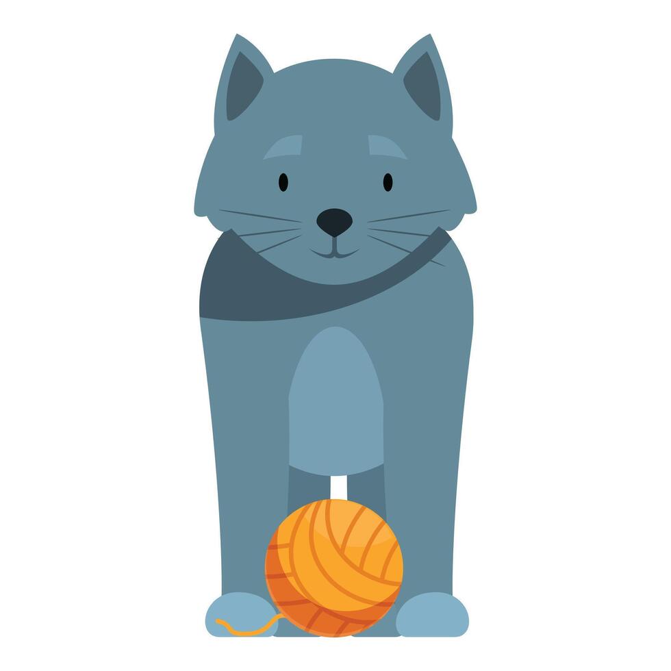 Blue tabby cat standing and looking at yarn ball toy vector