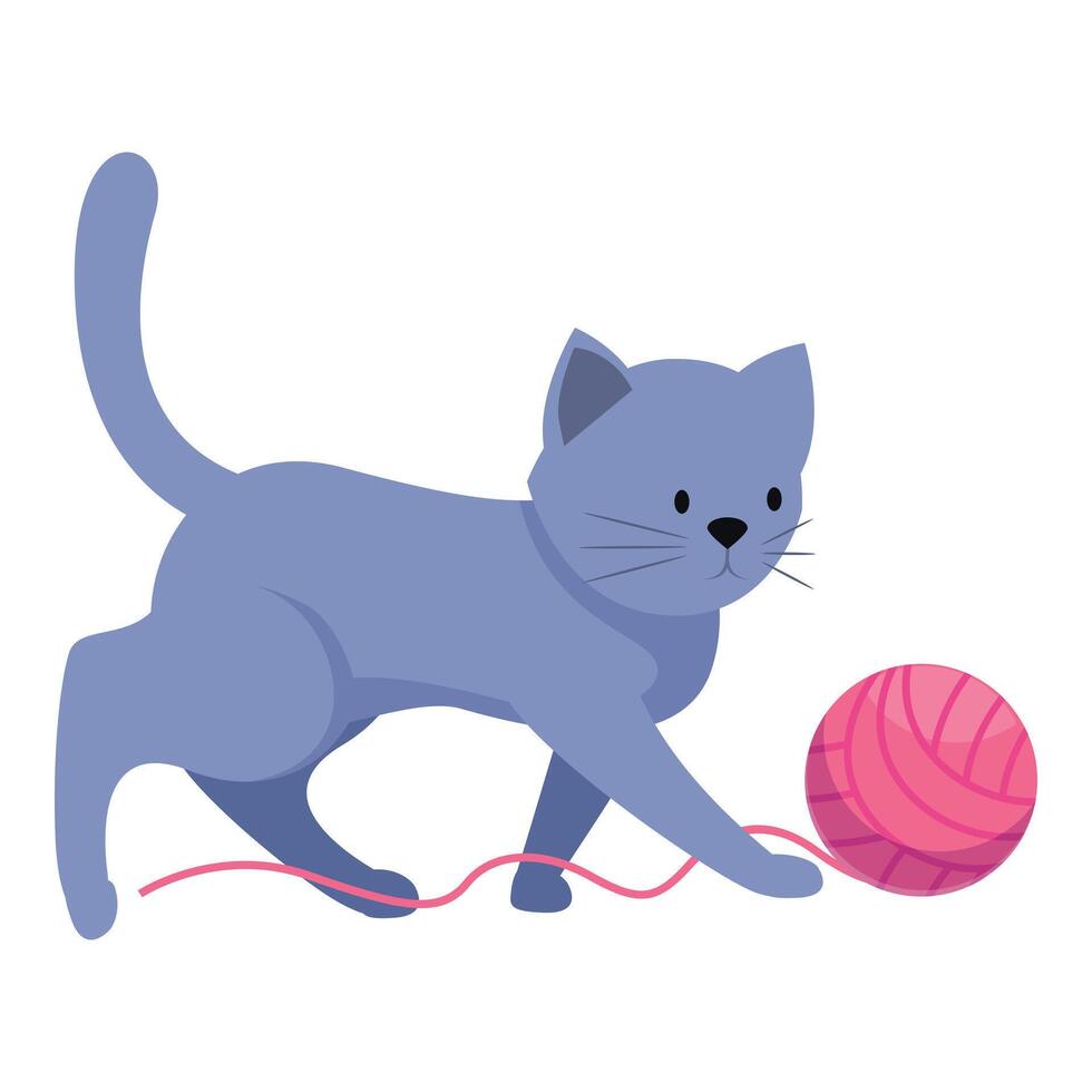 Playful blue cat playing with yarn ball, illustration of pet having fun vector