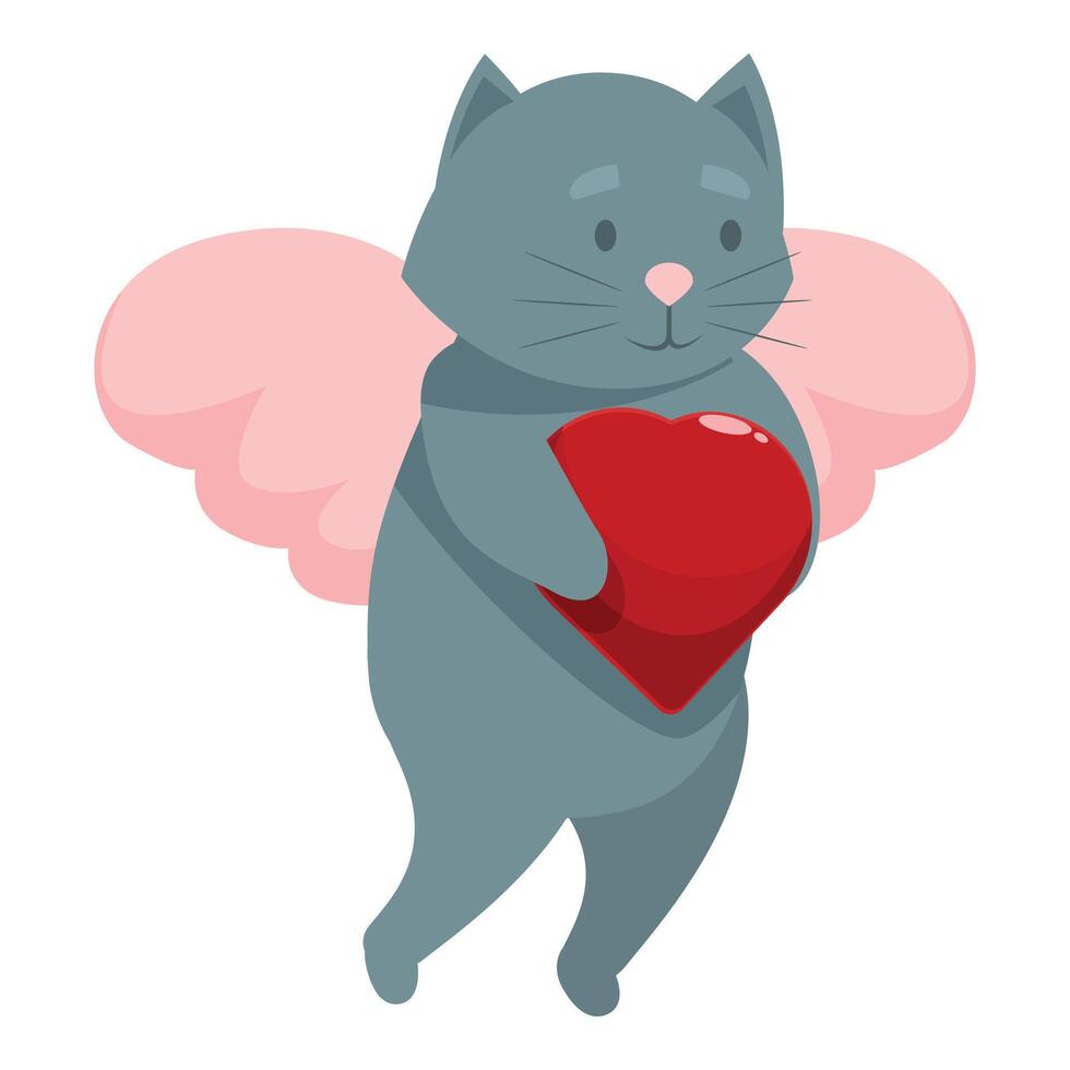 Cute grey winged cat holding a red heart vector