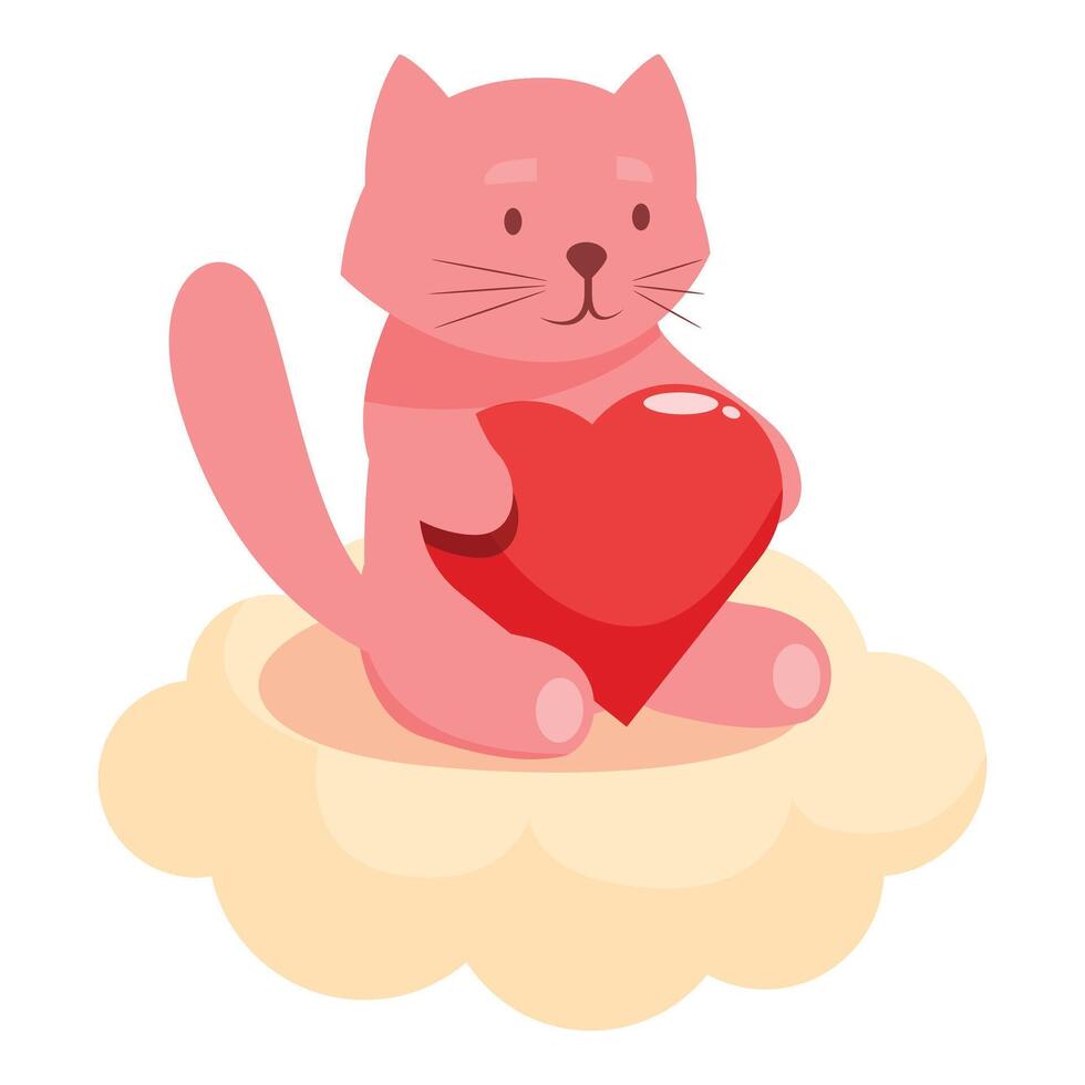 Pink cat holding a red heart sitting on a cloud vector