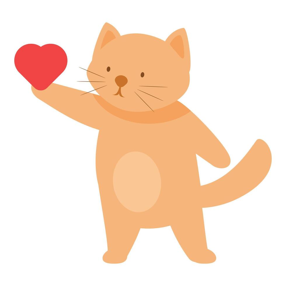 Cute ginger cat holding red heart, love and affection symbol vector