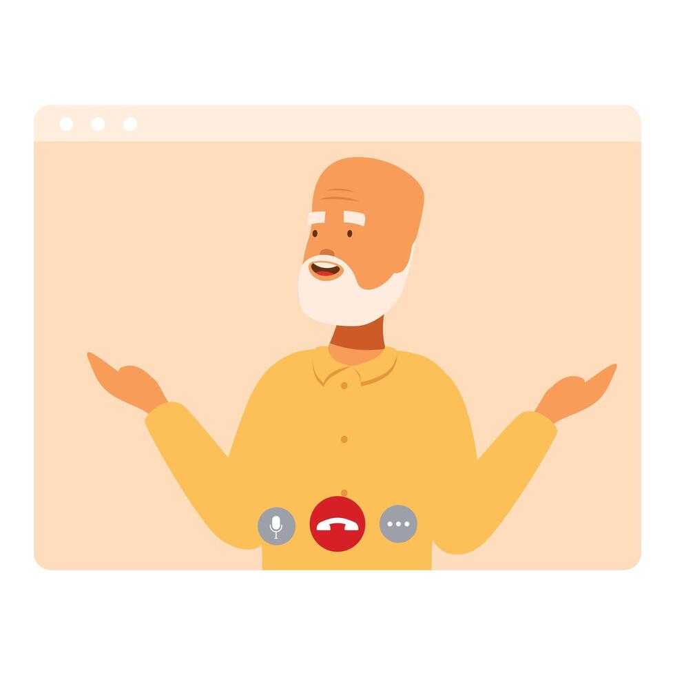 Senior man video calling waving during online meeting vector